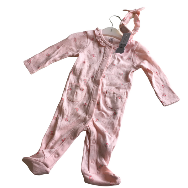 Brand New Bluezoo Baby Pink Pointelle Floral Sleepsuit & Matching Headband - Girls 0-3m