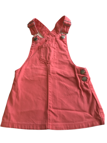 F&F Coral Pink Chunky Denim Dungaree Dress- Girls 18-24m