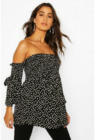 Boohoo Maternity Shirred Black Polka Dot Flute Sleeve Smock Top - Size Maternity UK 14