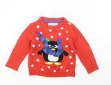 M&S Red Kids Christmas Jumper with Penguin Scarf Design - Unisex 18-24m