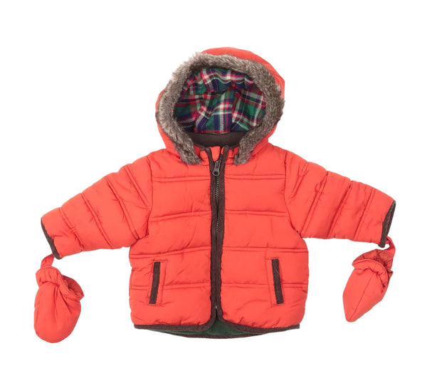 M&S Baby Orange Quilted Coat with Faux Fur Hood & Mittens - Boys 3-6m