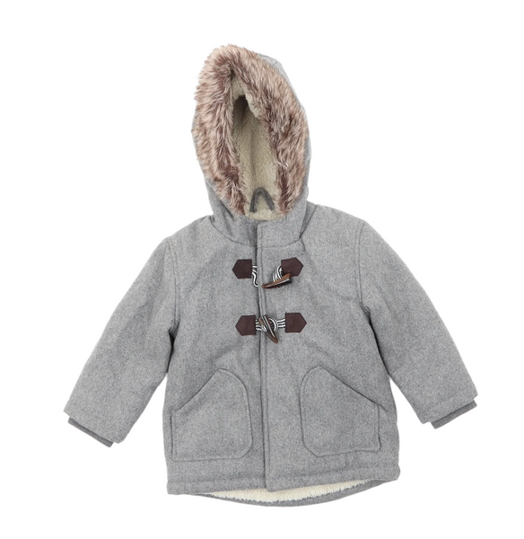 Primark Grey Thick Wool Mix Winter Duffle Coat with Hood -  Boys 12-18m