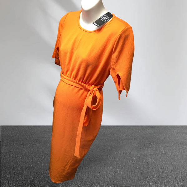 Brand New Boohoo Maternity Louise Orange Belted Split Sleeve Wiggle Dress - Size Maternity UK 14