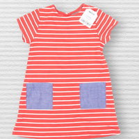 Brand New Next Red/White Stirped T-Shirt Denim Pocket Dress - Girls 9-12m