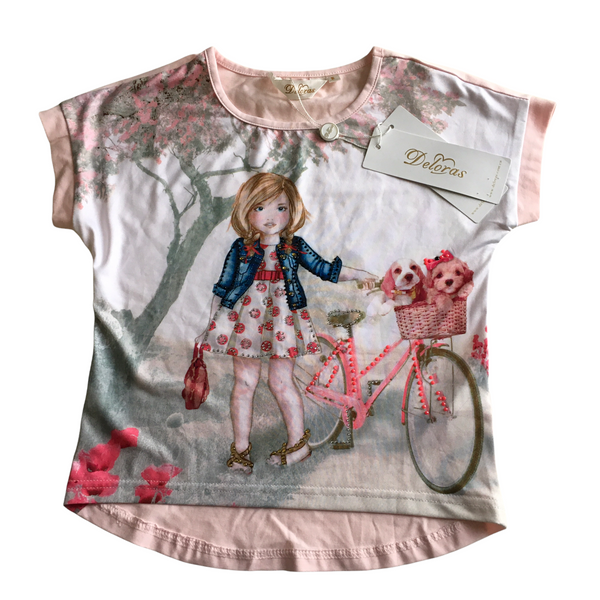 Brand New Deloras Pretty Pink Top with Embellished Girl & Bike Applique - Girls 4yrs