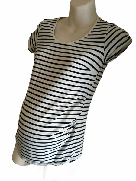 H&M Mama White/Navy S/S Scoop Top - Size Maternity M UK 12-14