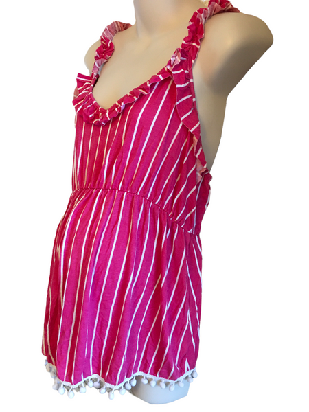 Boohoo Maternity Pink Striped Summer Top with Pom Pom Hem - Size Maternity UK 16