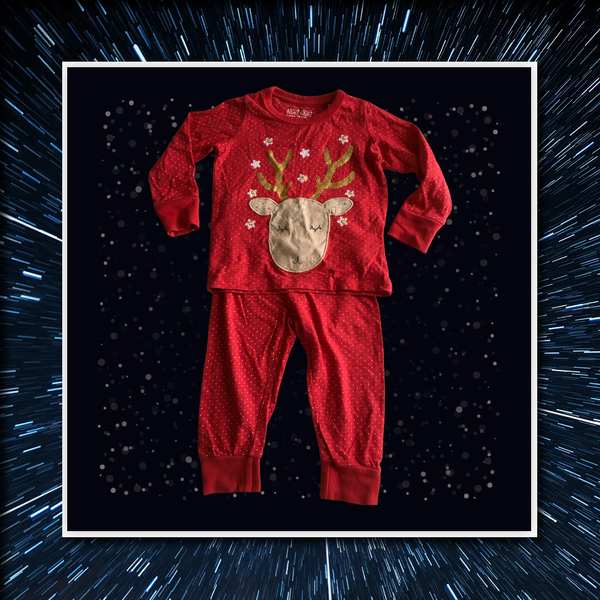 Mothercare Red Polkadot Reindeer Snowflake Sparkly Christmas Pyjamas - Girls 12-18m