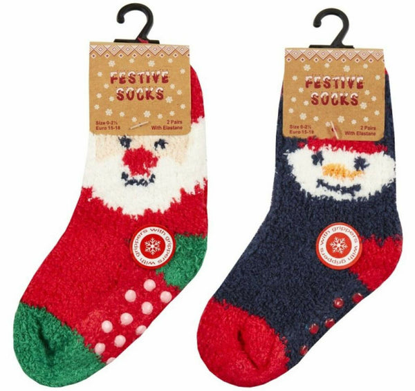 Brand New Christmas Kids Socks Soft Slipper Gripper Socks Snowman / Santa 2 Pair Pack - Unisex Baby & Toddler