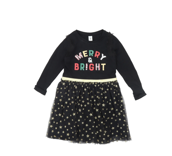 Tu Black & Gold Merry & Bright Girls Christmas Dress with Star Netted Skirt - Girls 3-4yrs
