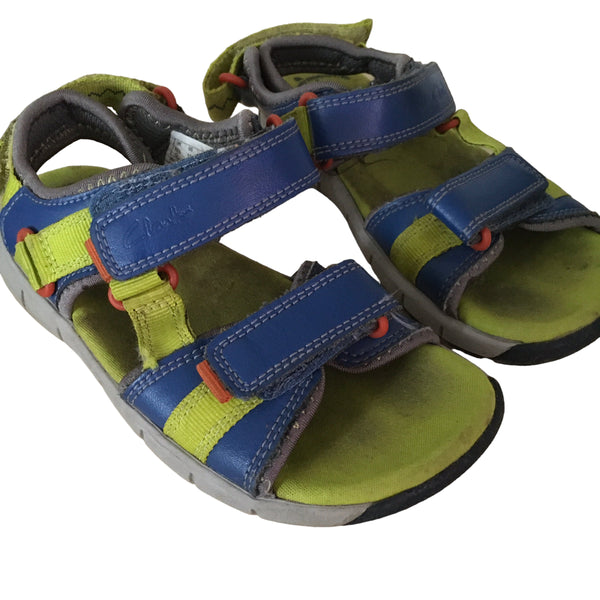 Clarks Blue/Green Jollycrazy Leather Sandals Bugs Sole - Boys Size UK 10.5 G