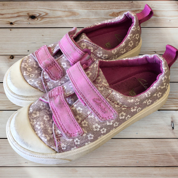 Clarks Girls Pink/Silver Floral Velcro Pumps Trainers - Girls Size UK Infant 8.5 F