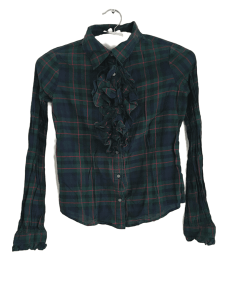 Ralph Lauren Girls Navy/Green Tartan Check Ruffle Front L/S Blouse
