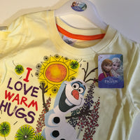Brand New Disney Frozen Olaf I Love Warm Hugs Yellow T-Shirt - Girls 2-3yrs