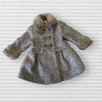 F&F Girls Grey Silver Sequin Coat with Faux Fur Collar - Girls 18-24m