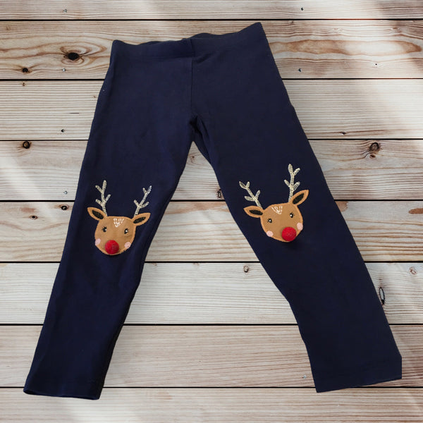 F&F Navy Reindeer Knee Girls Christmas Leggings - Girls 2-3yrs