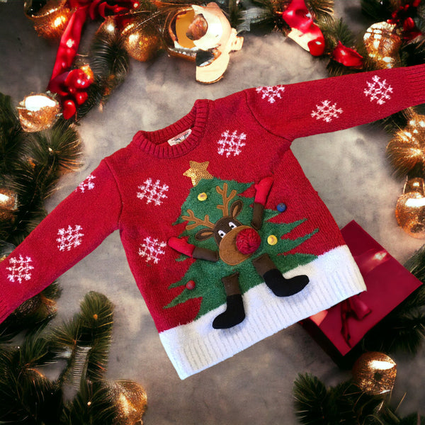 F&F Red Reindeer Tree Toddler Christmas Jumper - Unisex 2-3yrs