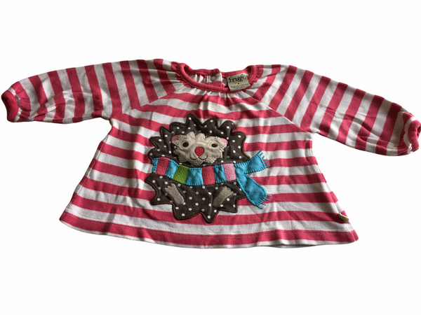 Frugi Organic Cotton Pink Striped L/S Top with Hedgehog Applique - Girls 0-3m