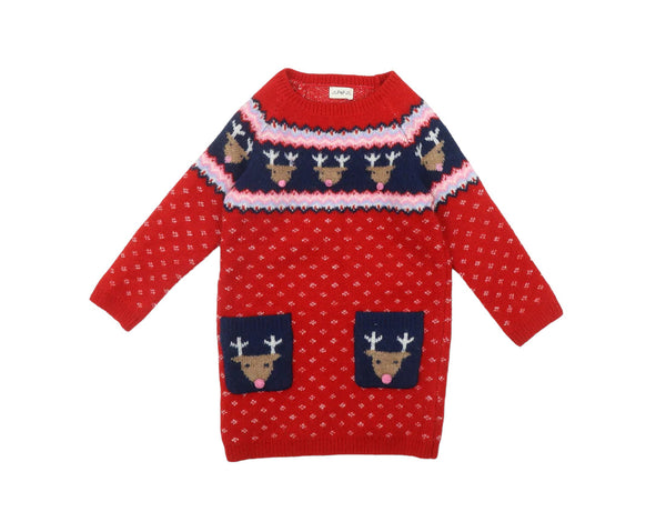 F&F Festive Reindeer Red Christmas Jumper Dress - Girls 18-24m