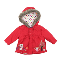 Tu Baby Red Coat with Embroidered Cats Design and Hood - Girls 0-3m