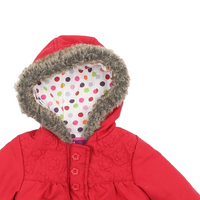 Tu Baby Red Coat with Embroidered Cats Design and Hood - Girls 0-3m