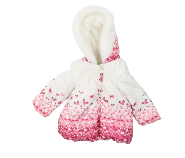 George White Winter Coat with Pink/Red Flowers and Butterflies - Girls 6-9m