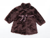 Mini Mode Chocolate Brown Soft Faux Fur Coat with Pretty Bow - Girls 12-18m