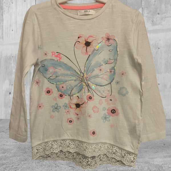 Girls White Sequin Butterfly Lace Trim L/S Top - Girls 4yrs