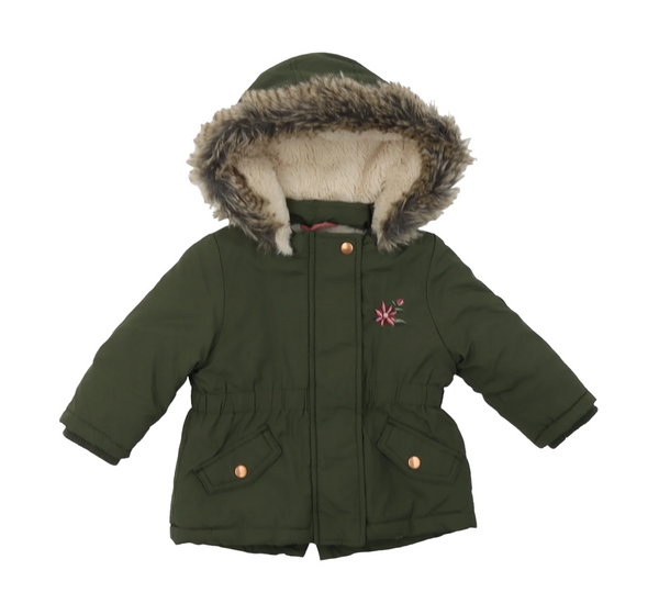 Primark Khaki Padded Winter Coat with Hood and Floral Motif - Girls 6-9m