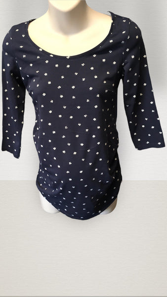 H&M Mama Navy White Clover Print 3/4 Sleeve Scoop Top - Size Maternity S UK 8-10