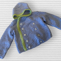 Hand Knitted Blue & Green Double Breasted Button Hooded Cardigan - Boys 0-6m