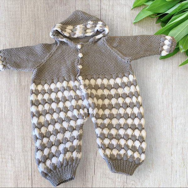 Hand Knitted Grey & White Hooded Winter Baby Romper - Unisex 0-6m