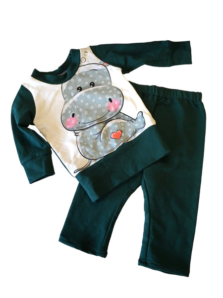 Handmade Green Hippo Print Baby Outfit - Unisex 1yrs