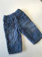 M&S Blue Utility Jeans Green Stitching Stretch Waist - Boys 6-9m