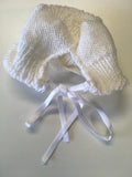 Plain White Hand Knitted Ribbon Baby Bonnet Hat - Girls 0-3m