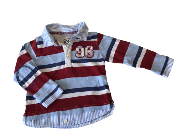 Junior J Blue/Red Striped Polo Shirt 96 Badge Motif - Boys 18-24m