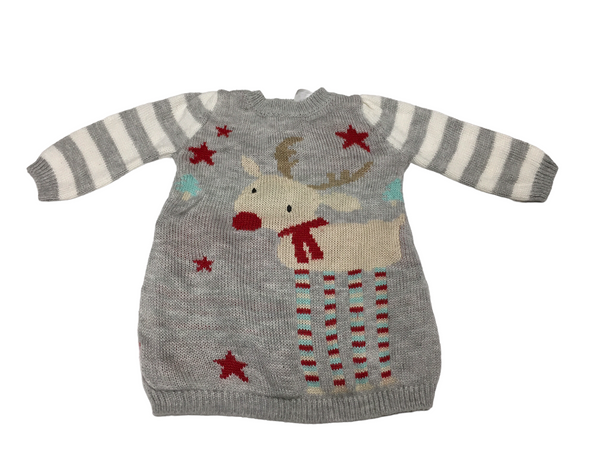 F&F Grey Reindeer Knitted Baby Christmas Jumper Dress - Girls 0-3m
