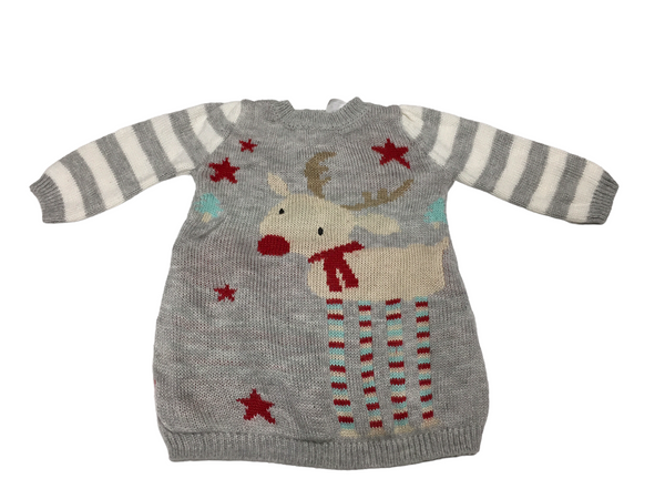 F&F Grey Reindeer Knitted Baby Christmas Jumper Dress Girls 0-3m