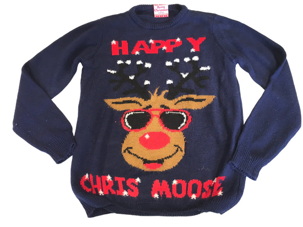 Happy Chris Moose Navy Blue Knitted Christmas Jumper - Unisex 9-10yrs