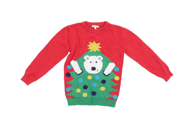 Bluezoo Festive Tree Bear Kids Christmas Jumper Red - Unisex 5-6yrs
