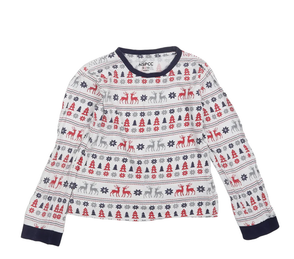 White Christmas Pyjama Top with Red/Navy/Grey Geometric Print - Unisex 9-10yrs