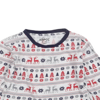 White Christmas Pyjama Top with Red/Navy/Grey Geometric Print - Unisex 9-10yrs