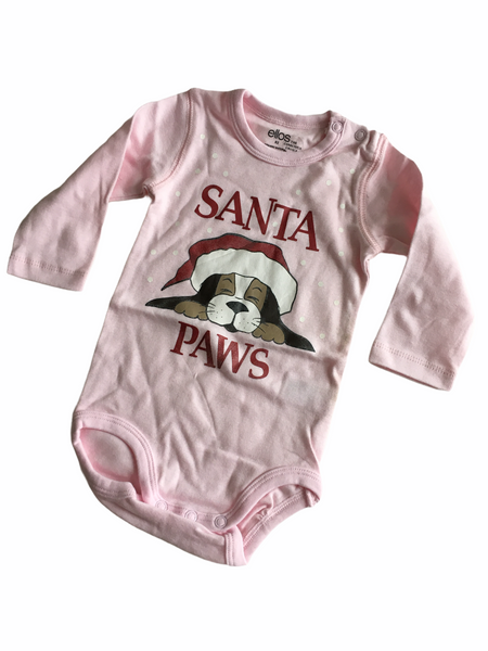 Brand New Ellos Organic Cotton Santa Paws Christmas Pink L/S Bodysuit - Girls 12-18m