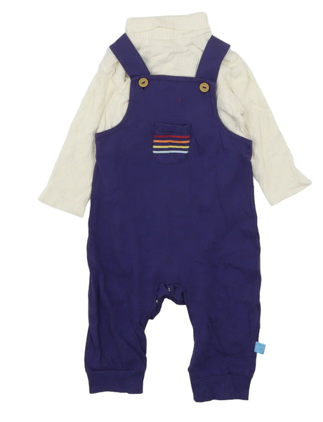 Little Bird By Jools Oliver Retro Stripe Blue Dungarees & Ribbed Top Outfit - Unisex 3-6m
