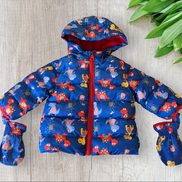 M&Co Blue Zip Up Hooded Coat Mittens Dinosaur Print Boys 3-6m