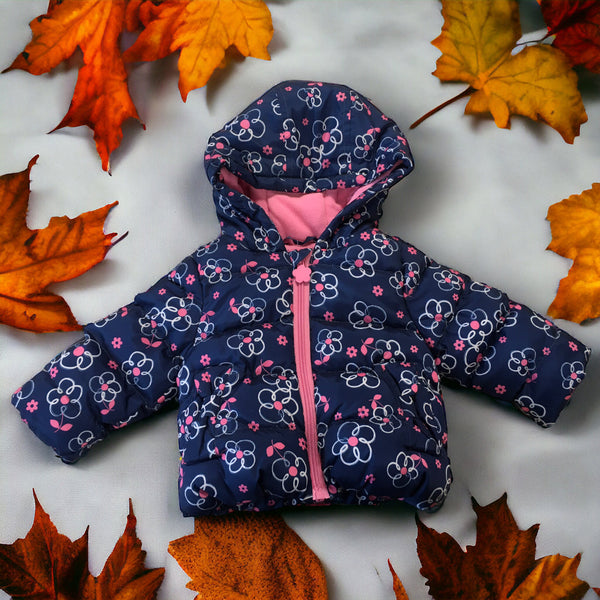 M&Co Navy Quilted Coat with Hood and Daisy Floral Print - Girls 3-6m