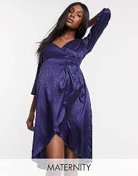 Brand New Mamalicious Blue Satin Midi Wrap Evening Party Dress with Ruffle - Size Maternity S UK 8