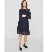 Brand New Mamalicious Sonya Navy L/S Jersey ABK Lace Dress - Size Maternity XS UK 6