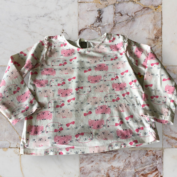 Matalan White L/S Top with Pink Cats Print - Girls 3-4yrs