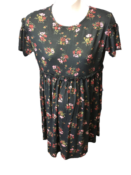 Boohoo Maternity Black Red/Pink Floral S/S Smock Tunic Dress - Size Maternity UK 10